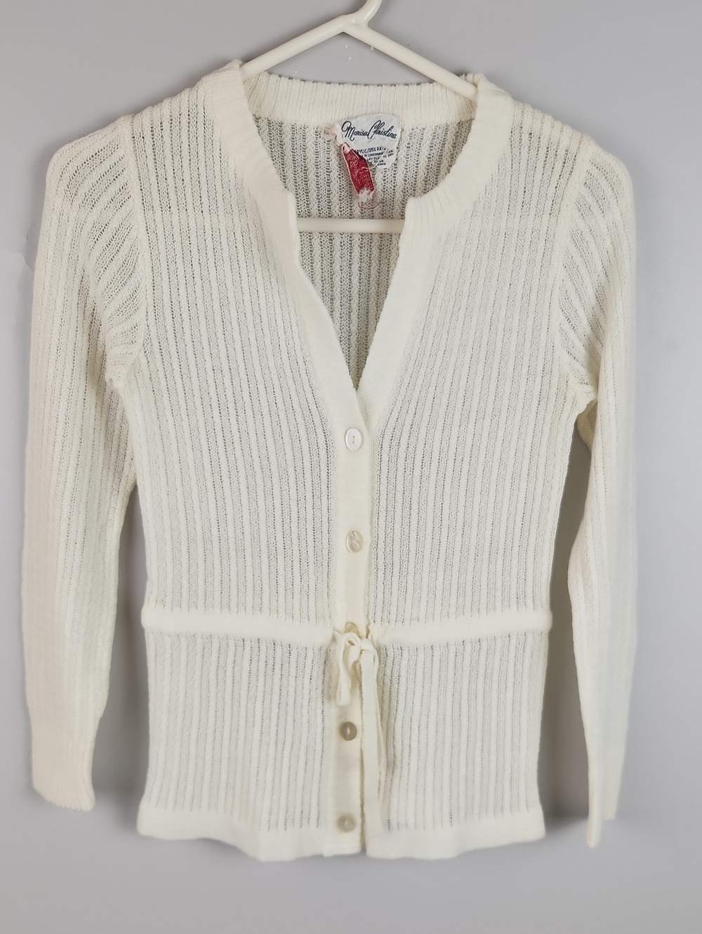 Vintage 60s Miss Bergdorf Ribbed Open Knit Tie Waist Cardigan